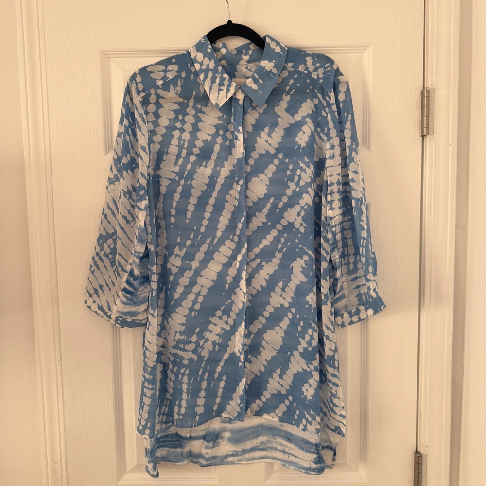 Chicos‎ L Sheer Tie Dye Print Button Up Shirt Tunic Blue White 2 Coverup Accent